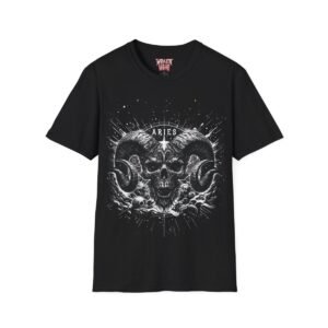 Aries Zodiac Sign Gothic Tee, Unisex Astrology Black T-Shirt, Ram Skull & Stars Graphic Tee, Occult Fashion Statement