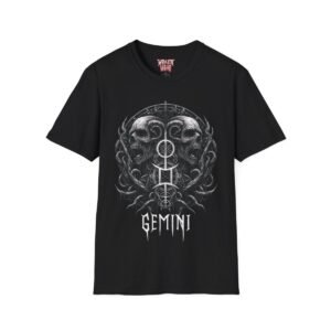 Title: Gemini Zodiac Sign Black T-Shirt with Mystical Twin Skulls Graphic, Unisex Astrology Fashion Tee